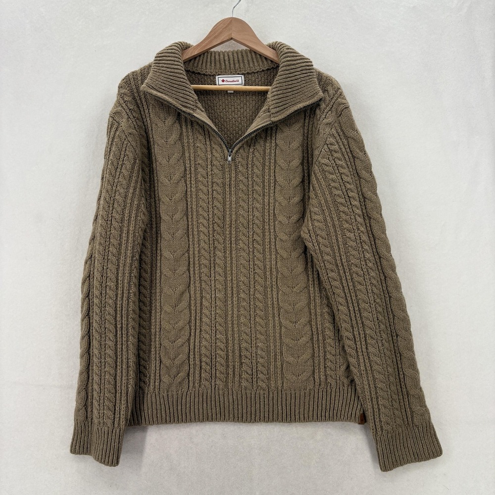 Canadiana Sweater Mens Large Brown Cable Knit 1/4 Zip Collared Pullover Canadian